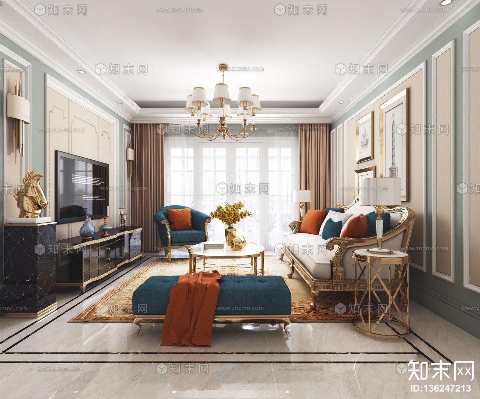 简欧轻奢客厅3D模型下载【ID:136247213】