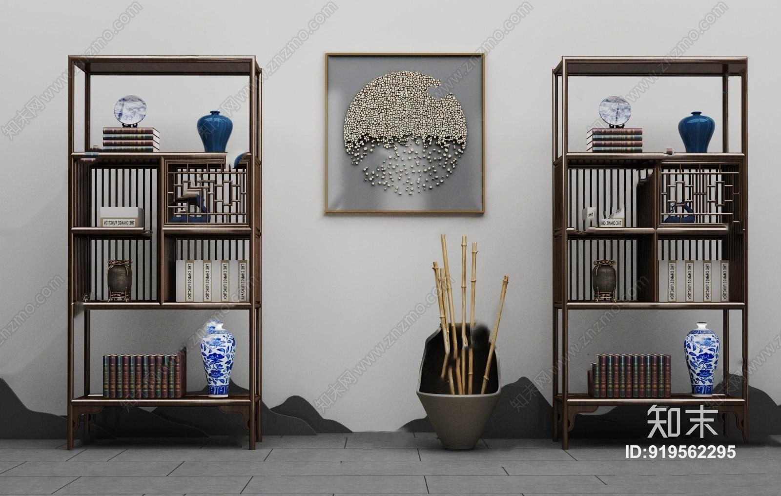 中式实木博古架书籍器皿摆件组合3D模型下载【ID:919562295】