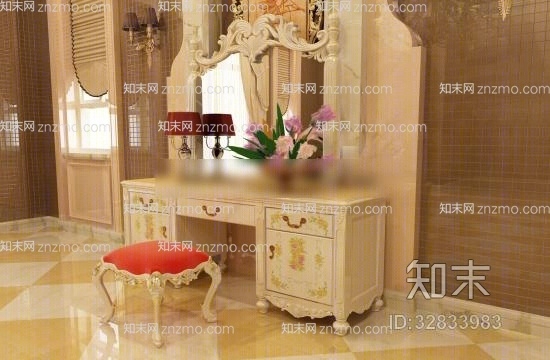 欧式简约木艺妆台妆椅组合3D模型下载【ID:32833983】
