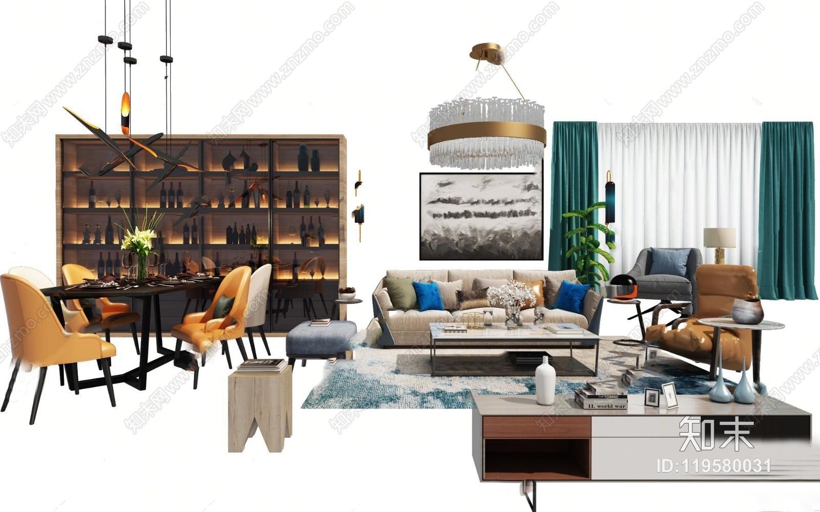 现代沙发餐桌椅酒柜电视柜窗帘3D模型下载【ID:119580031】