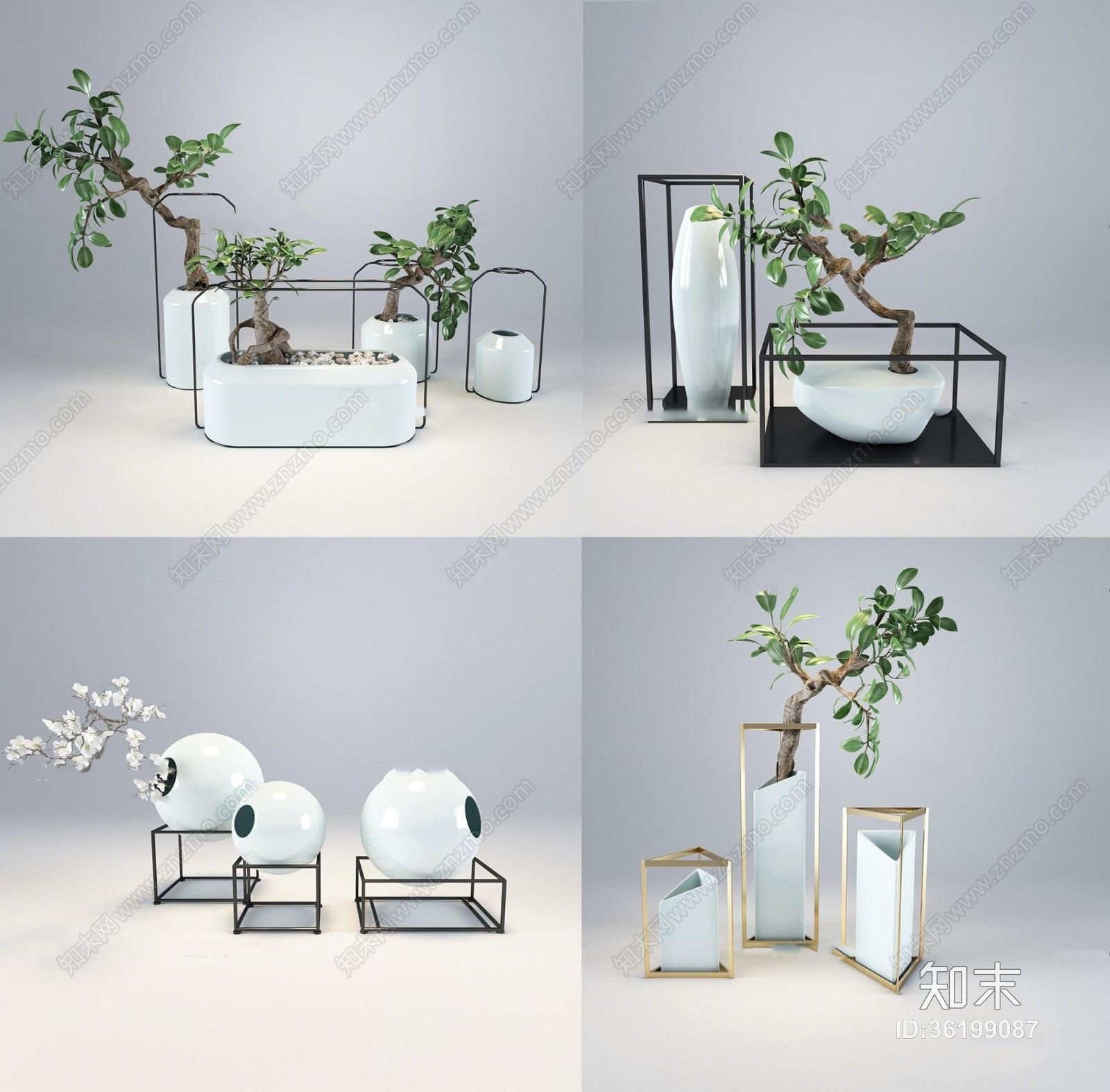 新中式绿植花卉组合3D模型下载【ID:36199087】