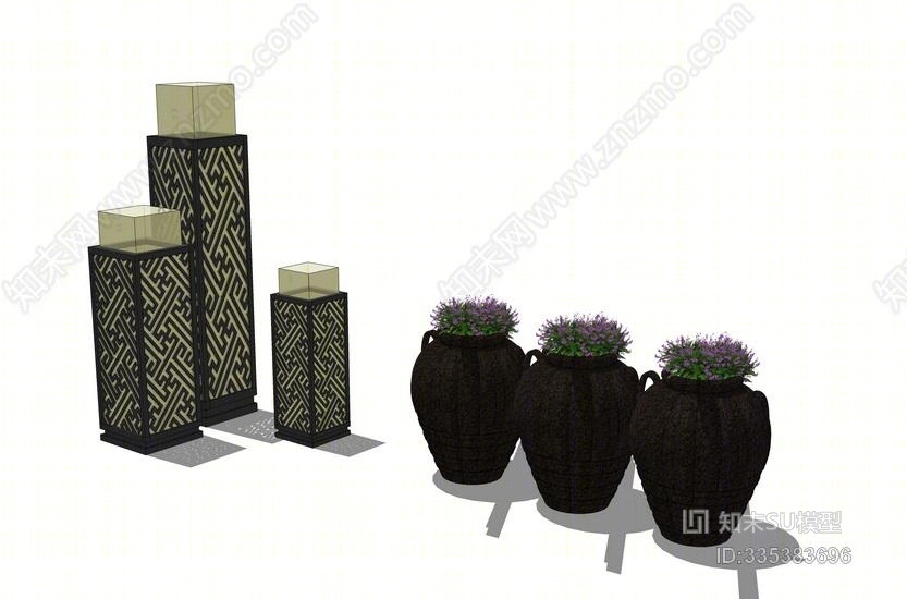 中式庭院灯花钵组合SU模型下载【ID:335383696】