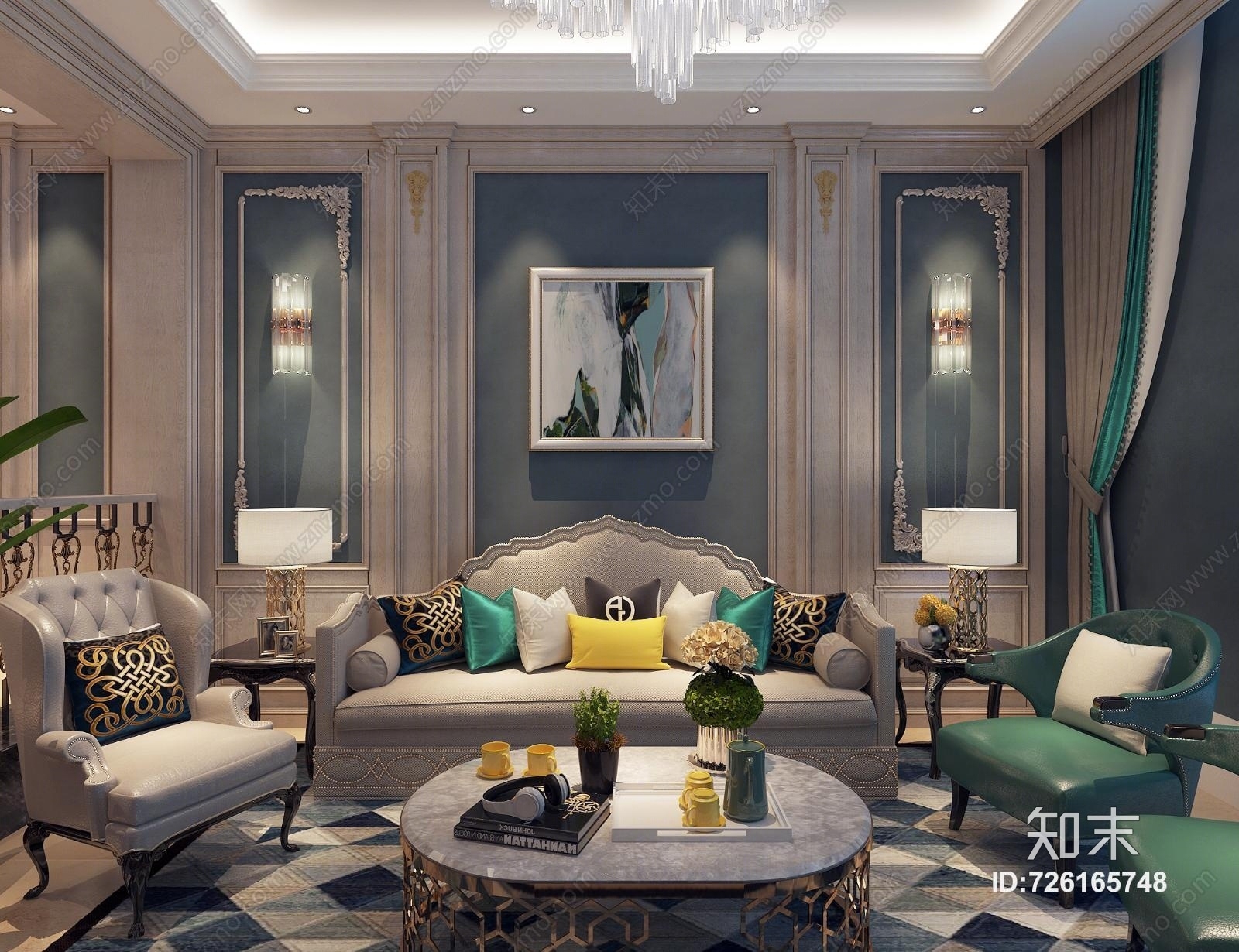 简欧简约法式客厅餐厅3D模型下载【ID:726165748】