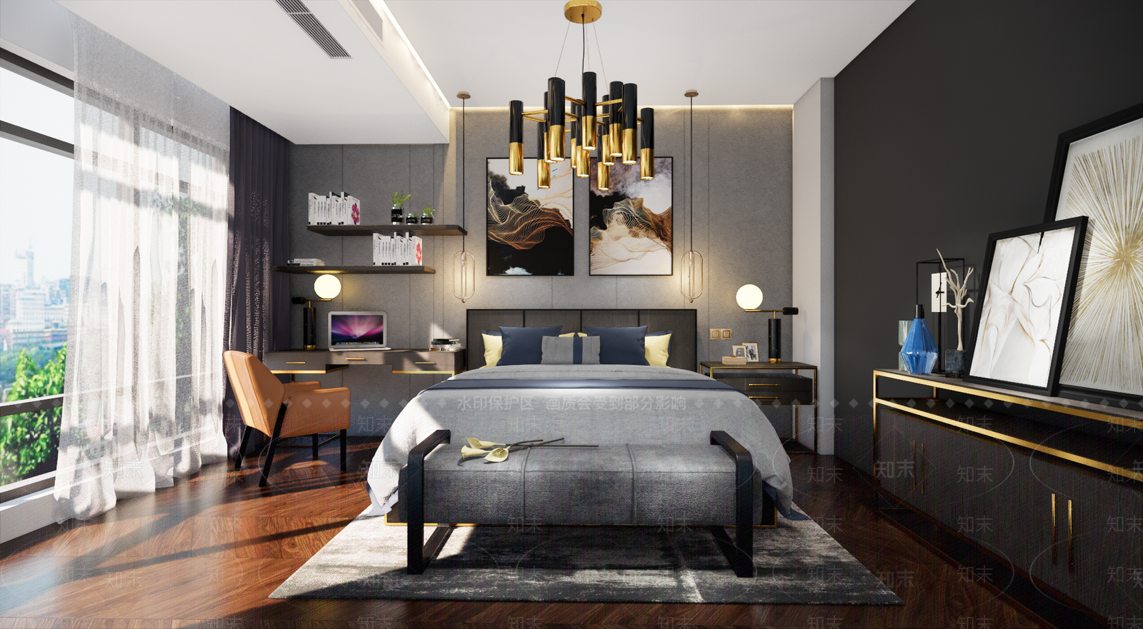 后现代奢华主卧室双人床书桌吊灯边柜饰品摆件SU模型下载【ID:232848318】