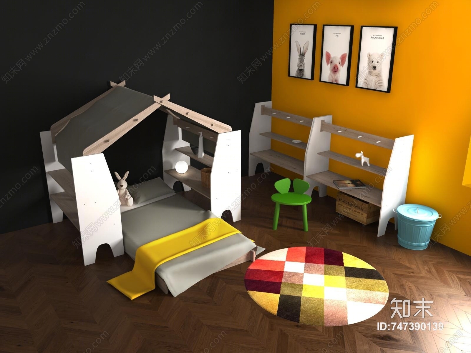 北欧儿童床房家具3D模型下载【ID:747390139】