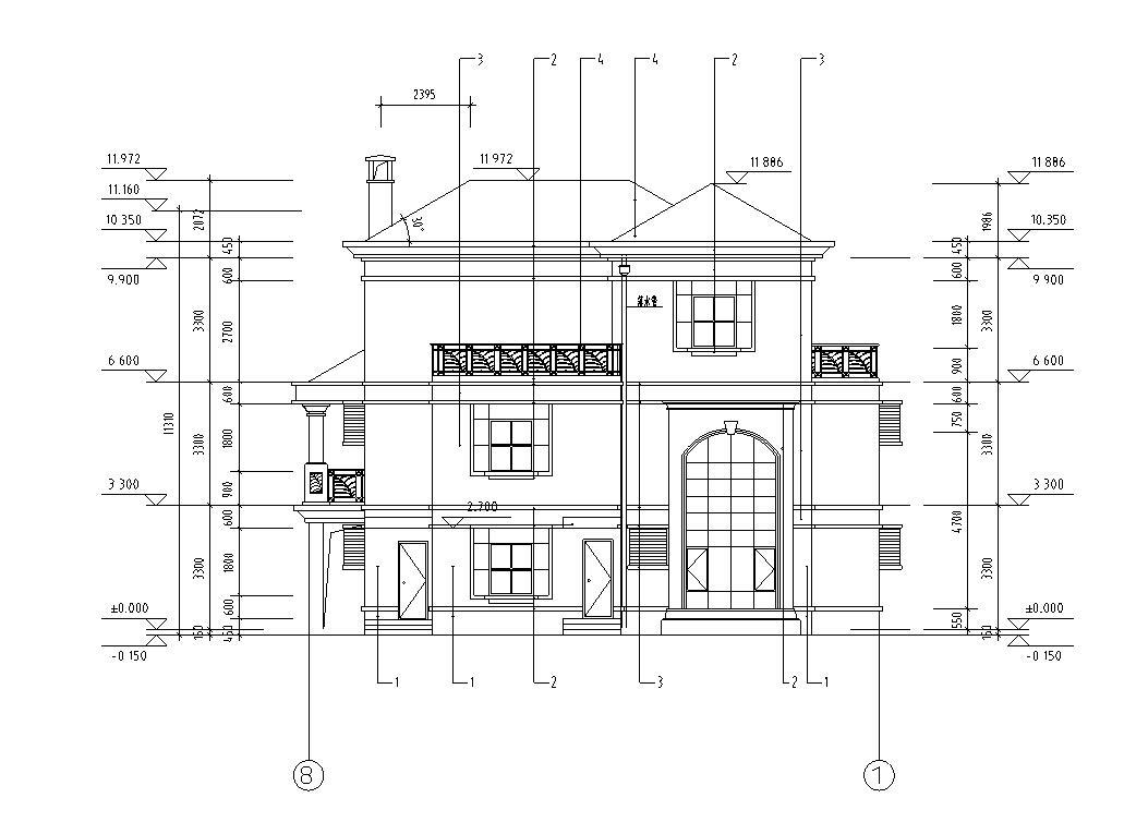 三层独栋别墅建筑施工图（欧陆风格）cad施工图下载【ID:151636114】