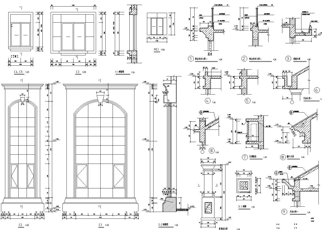 三层独栋别墅建筑施工图（欧陆风格）cad施工图下载【ID:151636114】