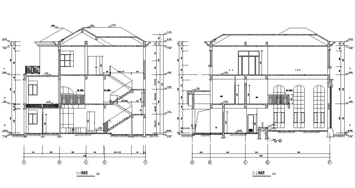 三层独栋别墅建筑施工图（欧陆风格）cad施工图下载【ID:151636114】