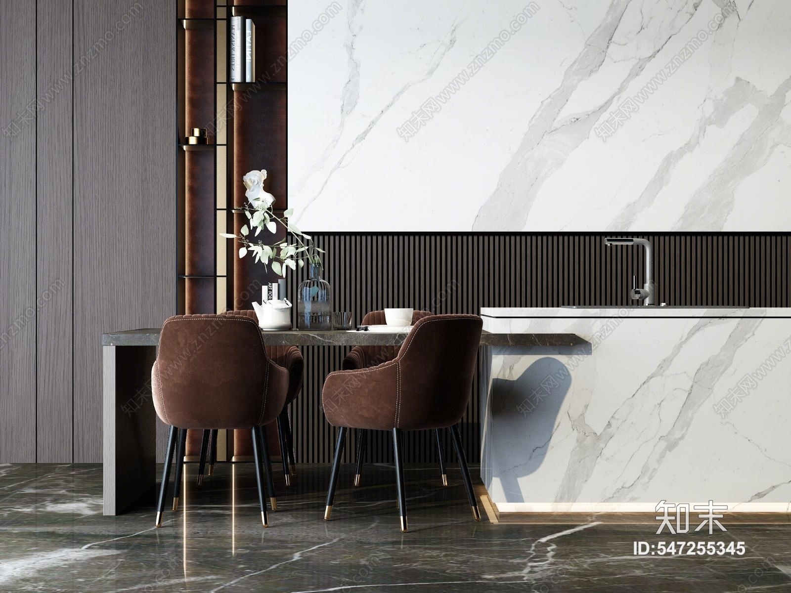 现代餐桌椅吧台组合3D模型下载【ID:547255345】
