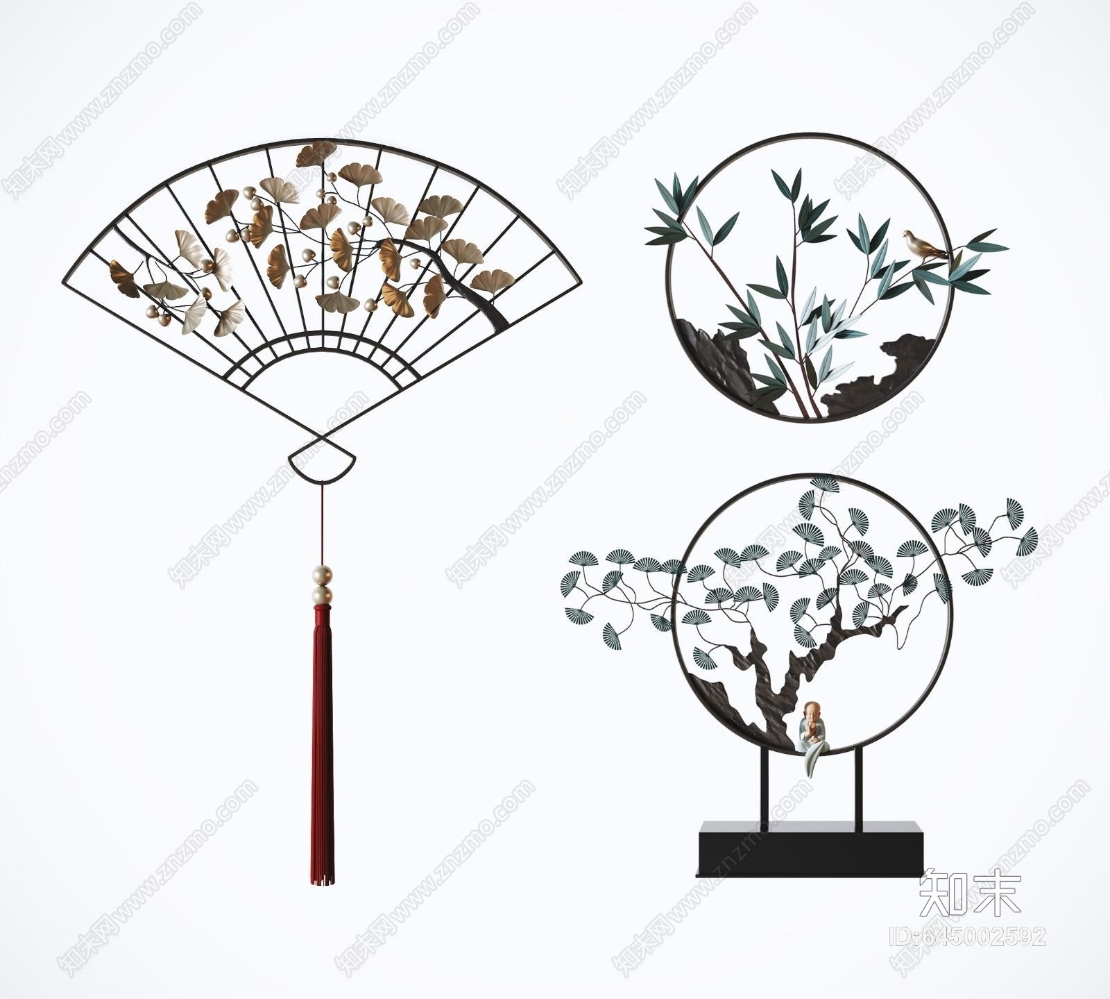 新中式金属铁艺墙饰3D模型下载【ID:645002592】