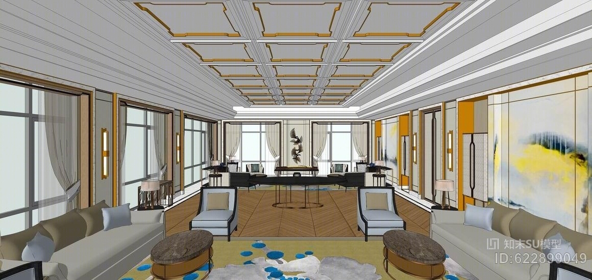 新中式接待大厅室内设计SU模型下载【ID:622899049】