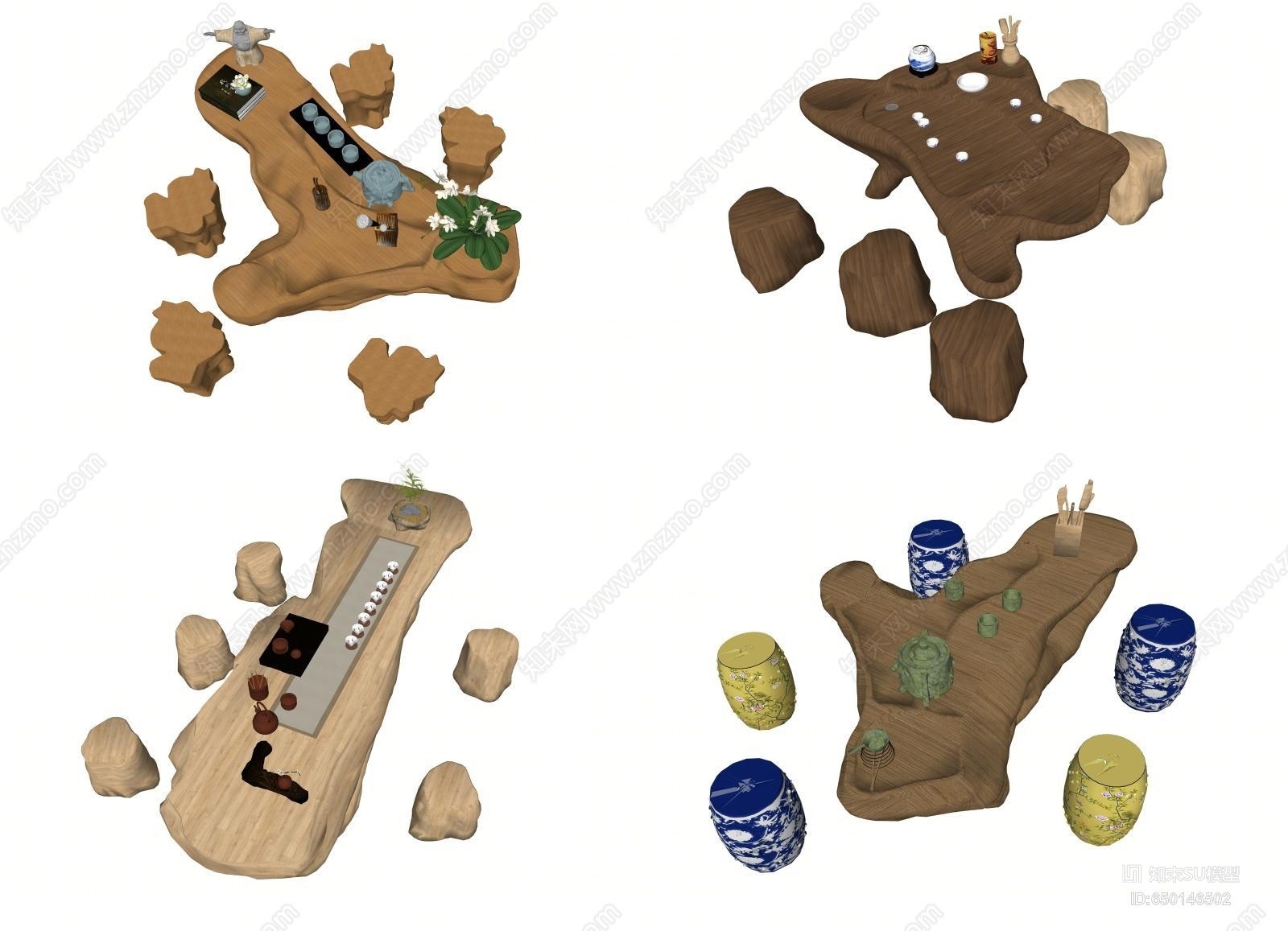 新中式风格根雕茶几SU模型下载【ID:650146502】