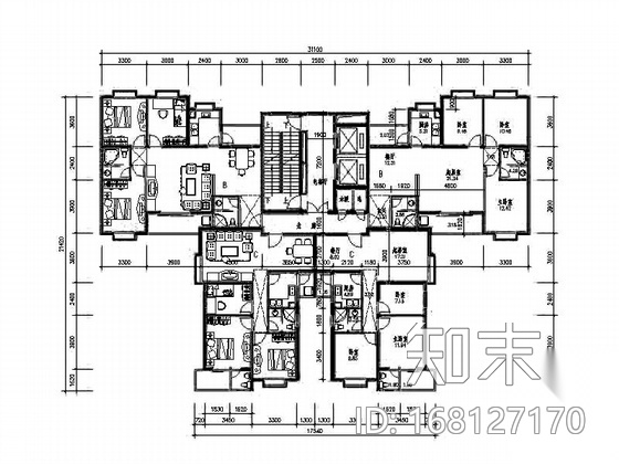 塔式高层一梯四北梯户型图（123/100）cad施工图下载【ID:168127170】