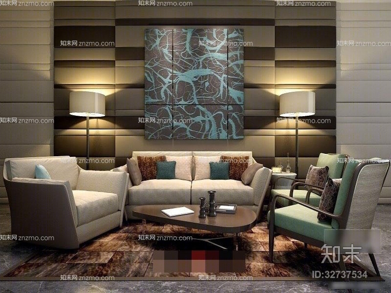 现代棕色木艺沙发茶几组合3D模型下载【ID:32737534】