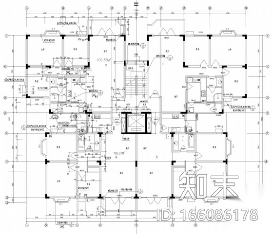 塔式高层一梯四户户型图cad施工图下载【ID:166086178】