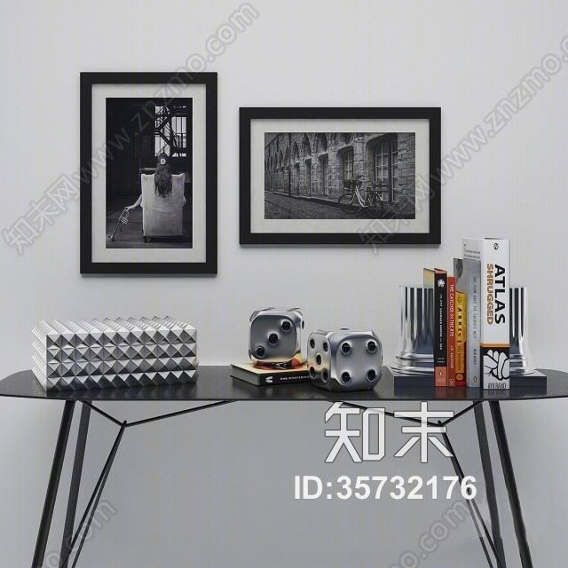 现代金属书台书籍挂画饰品组合3D模型下载【ID:35732176】