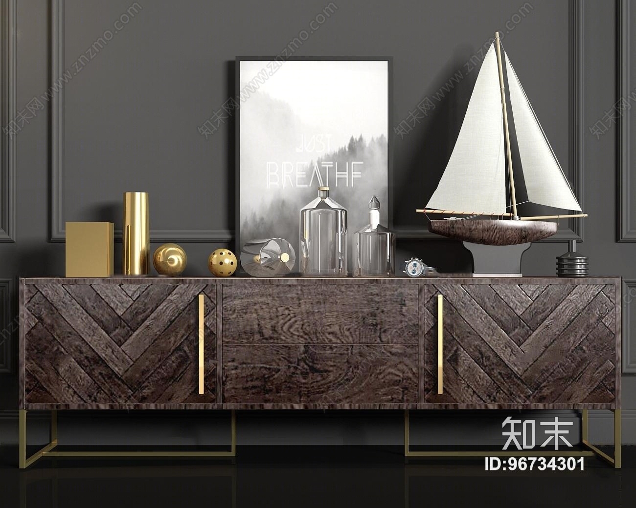 现代电视柜金属摆件帆船组合3D模型下载【ID:96734301】