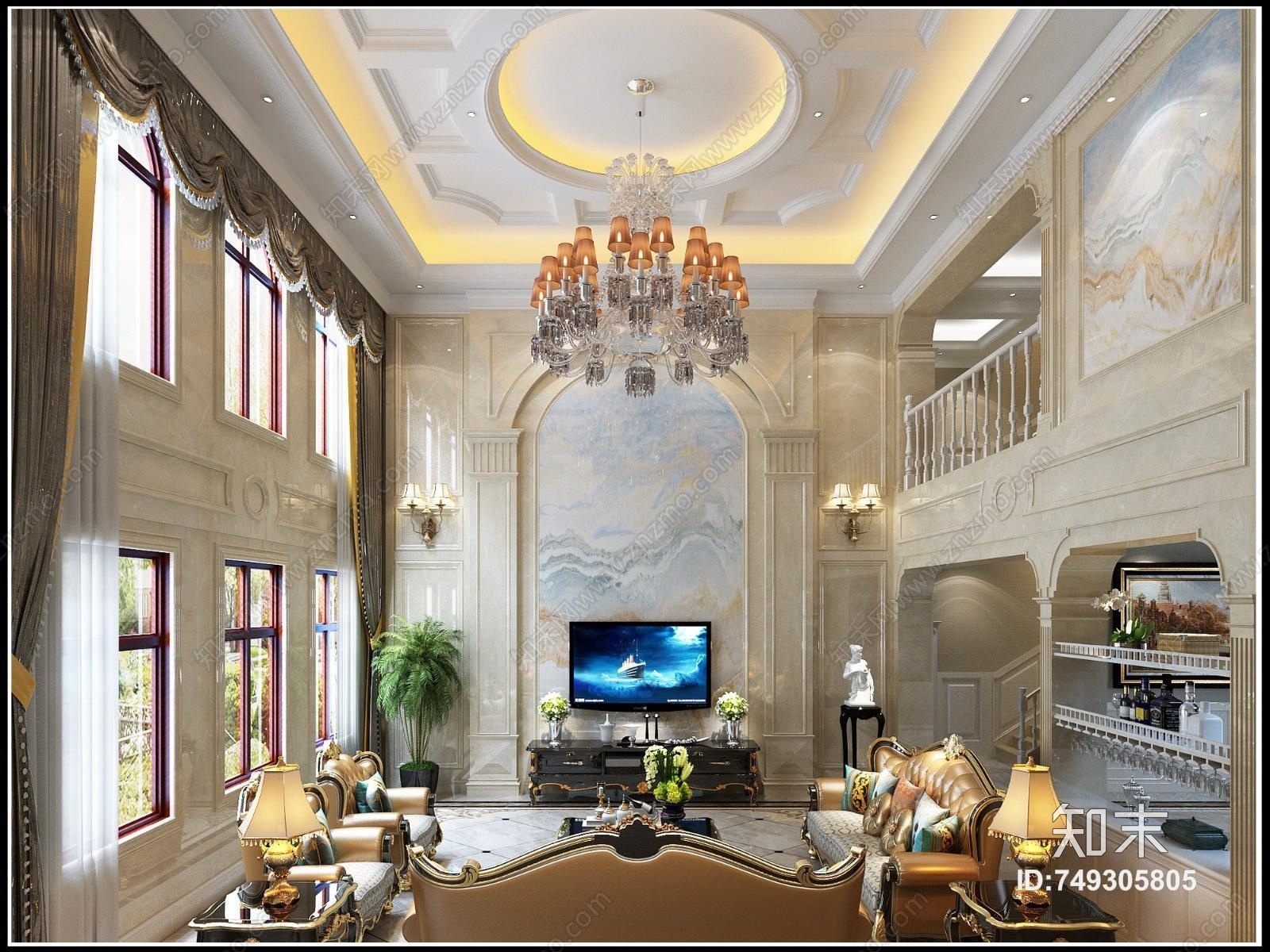 简欧别墅复式楼3D模型下载【ID:749305805】