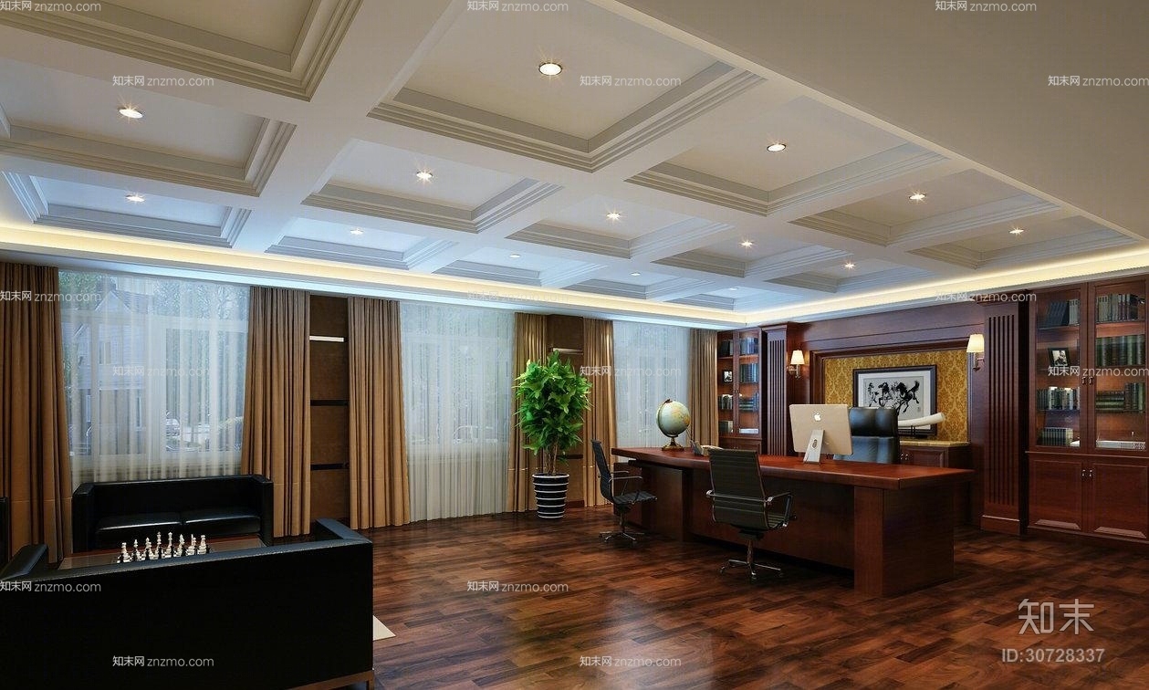 欧式简约黑色皮质沙发茶几组合3D模型下载【ID:30728337】