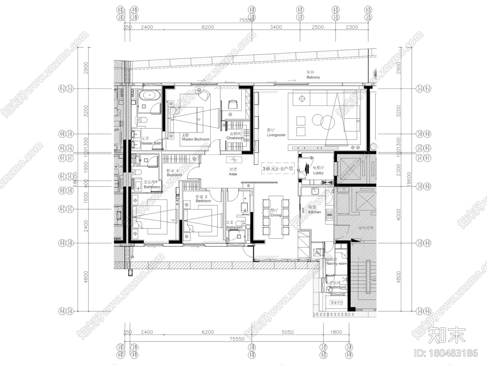 [深圳]206㎡现代三居家装样板间装修施工图施工图下载【ID:180483186】