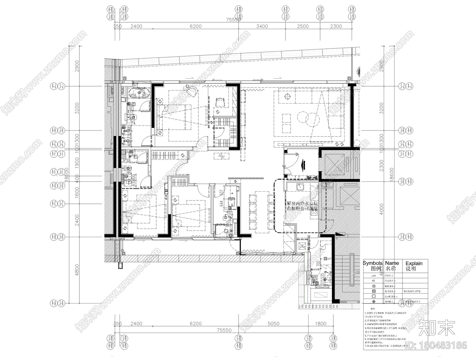 [深圳]206㎡现代三居家装样板间装修施工图施工图下载【ID:180483186】