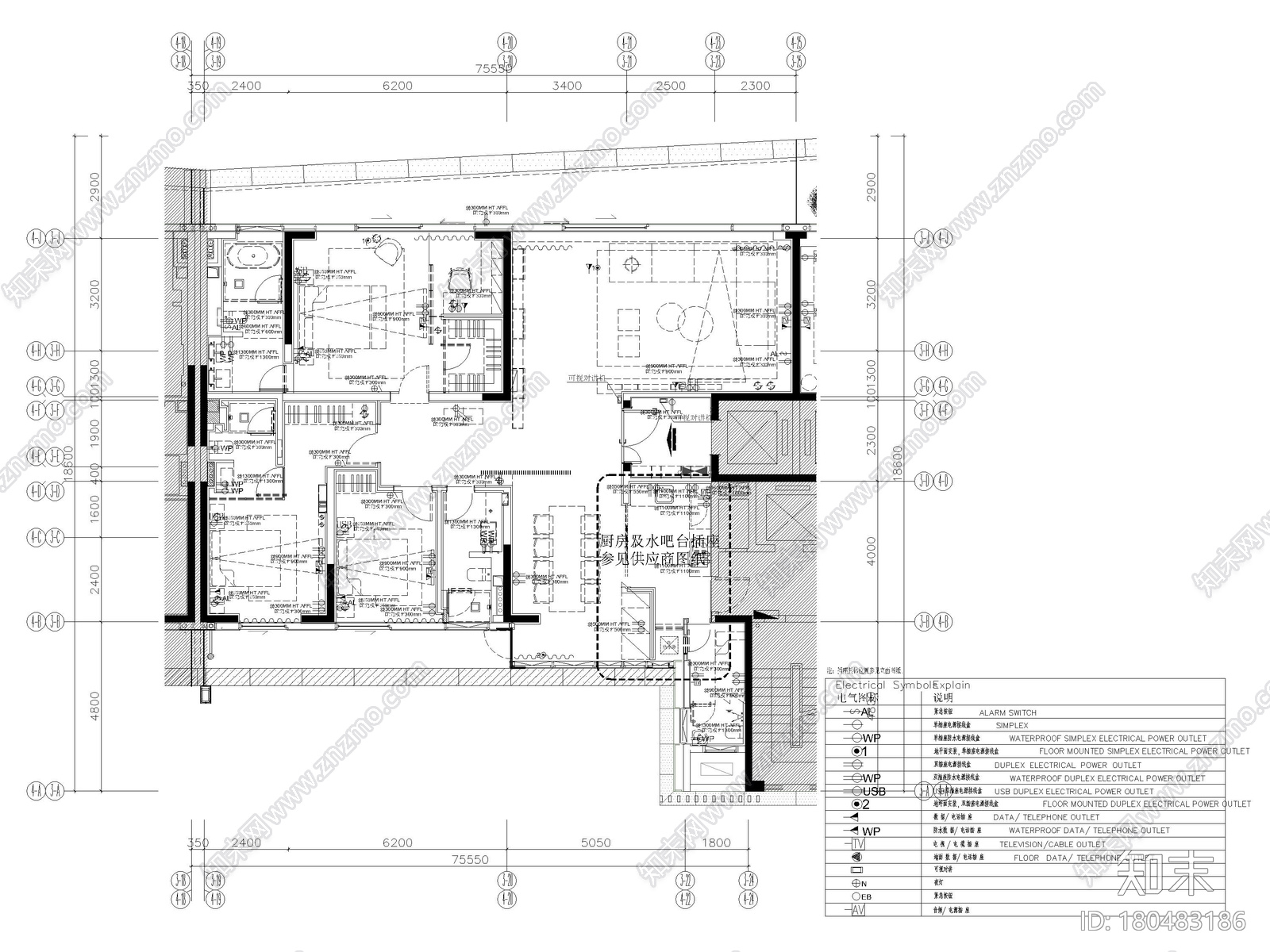 [深圳]206㎡现代三居家装样板间装修施工图施工图下载【ID:180483186】