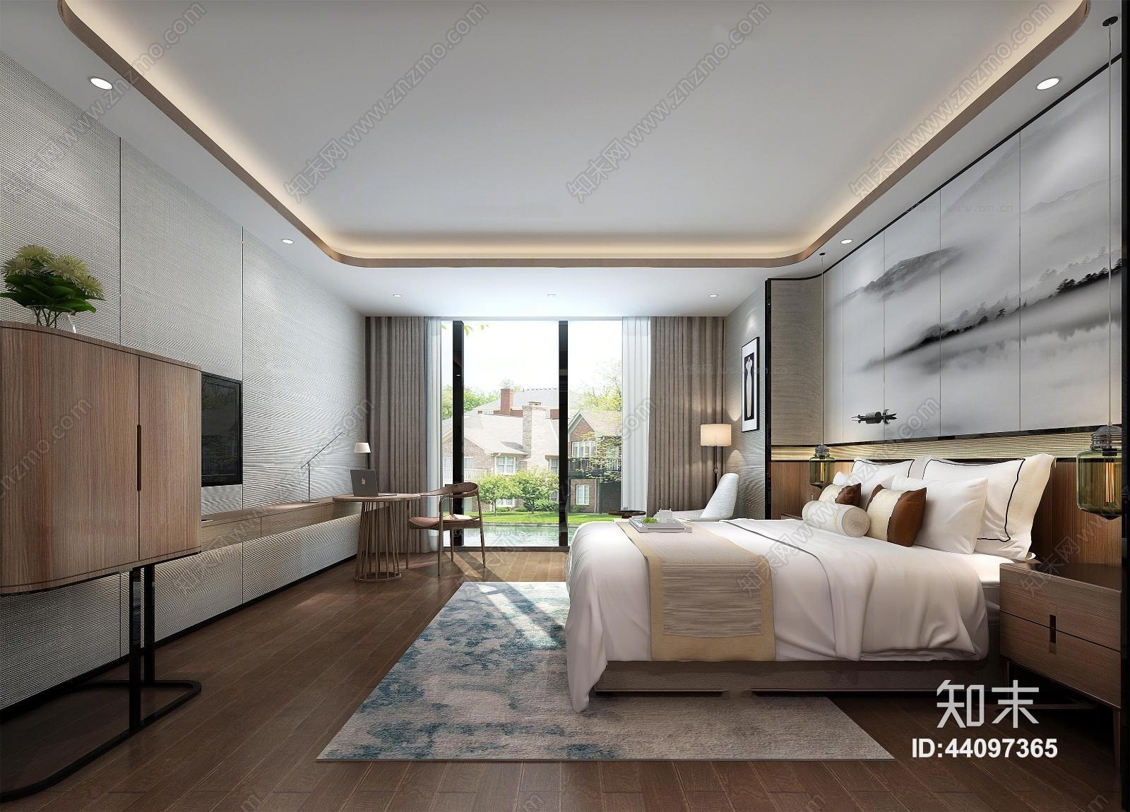 新中式酒店客房套间3D模型下载【ID:44097365】