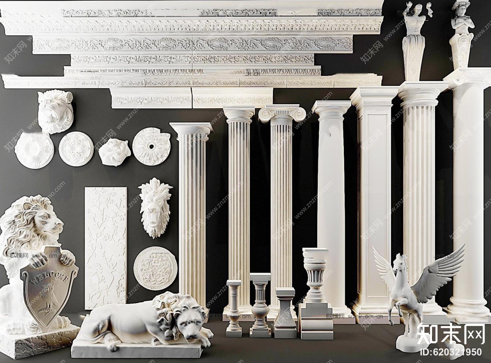 欧式古典雕花石膏罗马柱3D模型下载【ID:620321950】