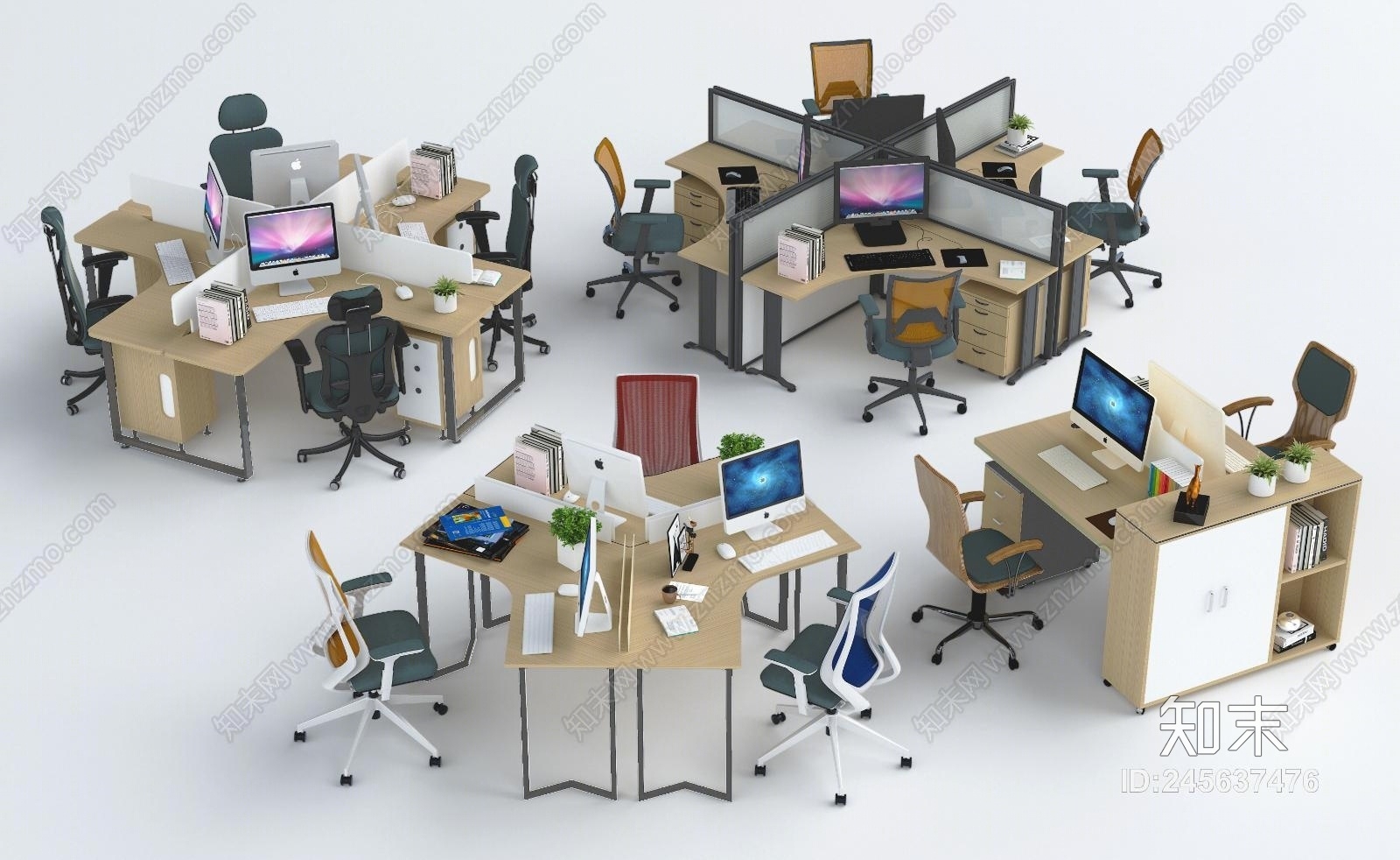 现代办公桌组合卡位3D模型下载【ID:245637476】