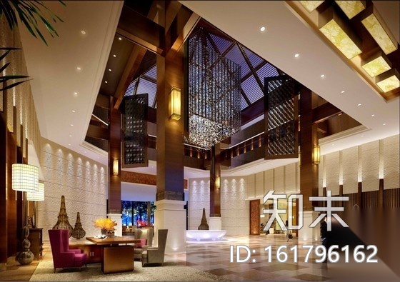 奢华温泉度假酒店大堂施工图（含效果）cad施工图下载【ID:161796162】