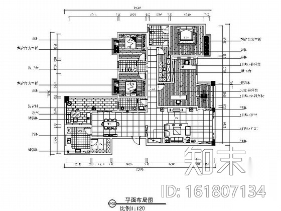 [长沙]现代中式风格四居室住宅装修CAD施工图（含效果图...施工图下载【ID:161807134】