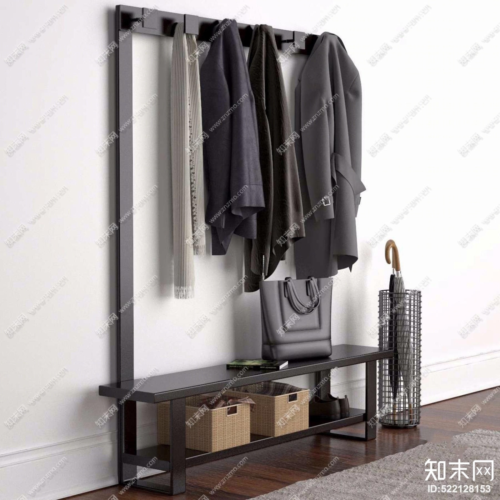 现代实木衣架服饰雨伞组合3D模型下载【ID:522128153】