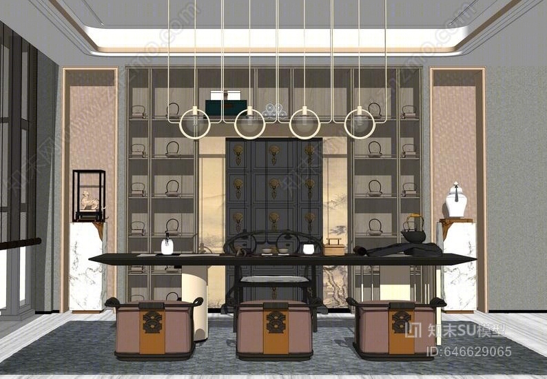 新中式茶室SU模型下载【ID:646629065】