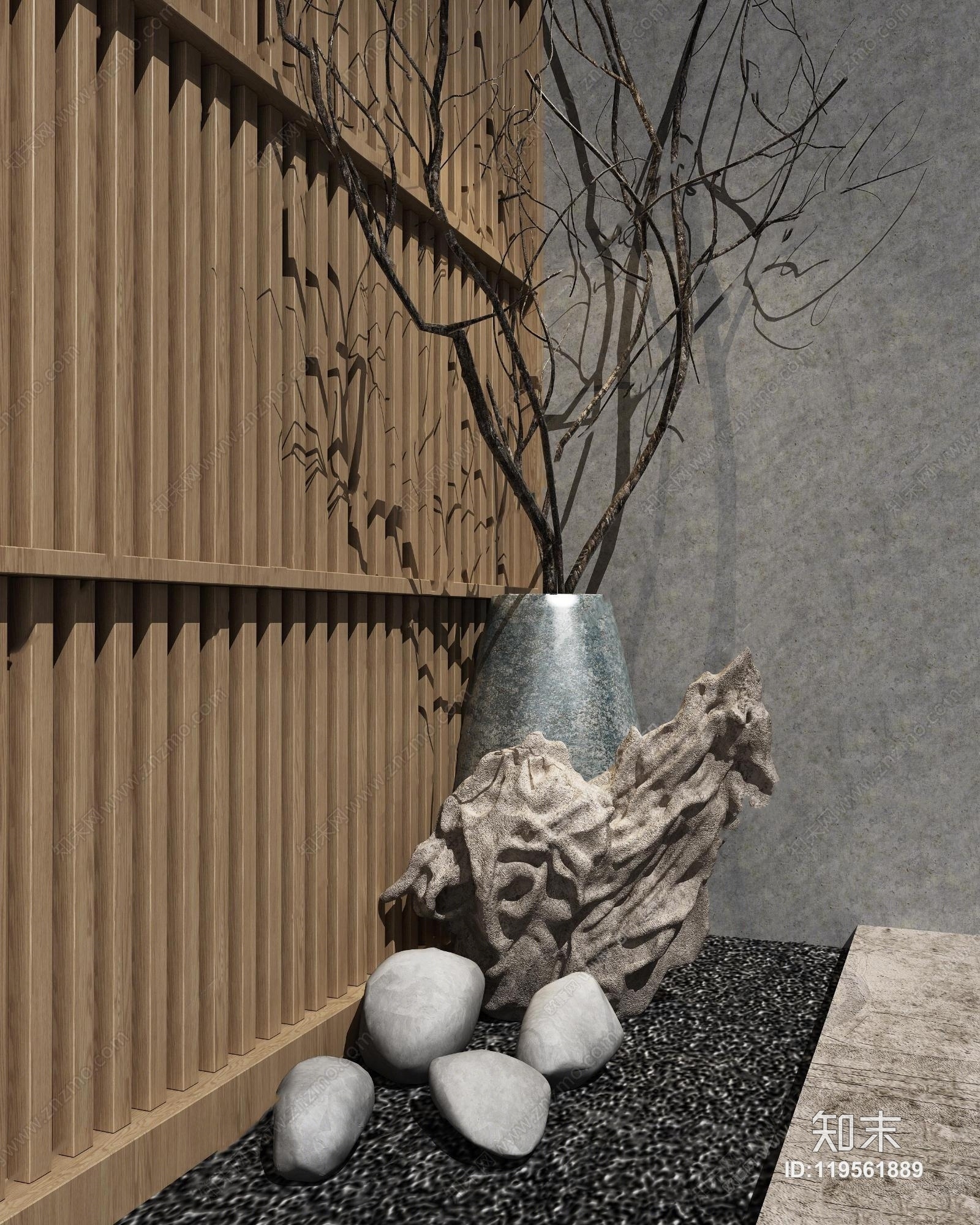 新中式石头雕塑花瓶组合3D模型下载【ID:119561889】