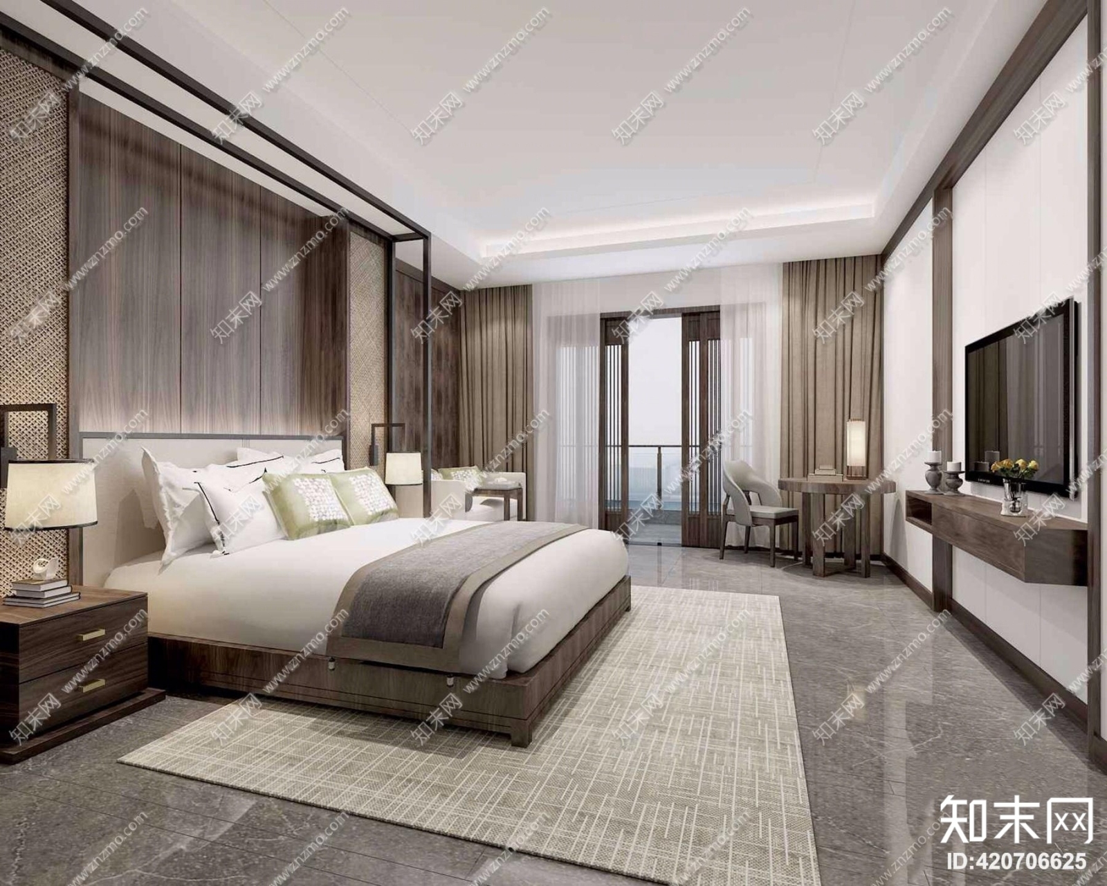 新中式酒店客房套间3D模型下载【ID:420706625】