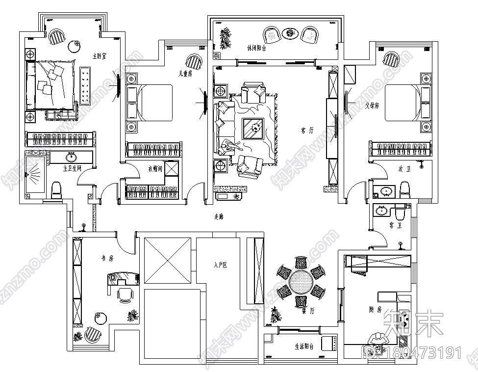 美式风格135㎡四室两厅住宅装修施工图cad施工图下载【ID:180473191】