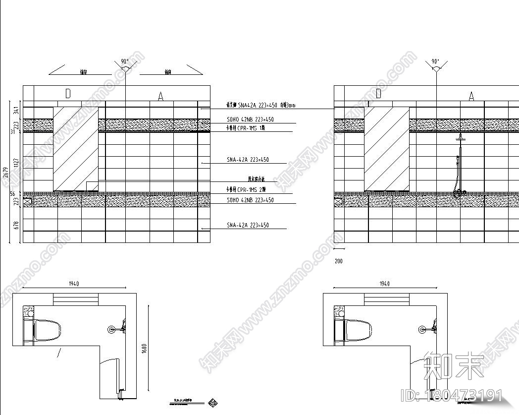 美式风格135㎡四室两厅住宅装修施工图cad施工图下载【ID:180473191】