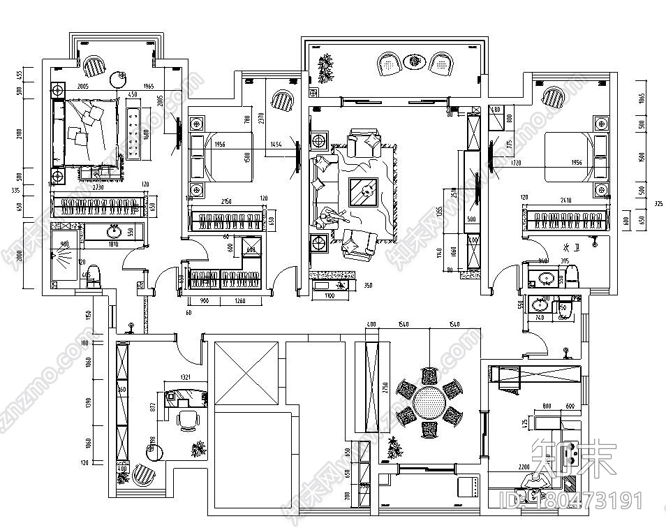 美式风格135㎡四室两厅住宅装修施工图cad施工图下载【ID:180473191】