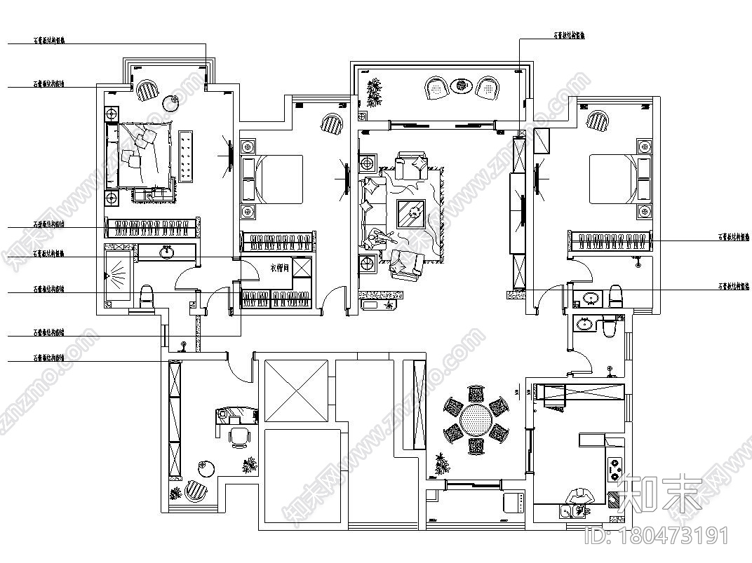 美式风格135㎡四室两厅住宅装修施工图cad施工图下载【ID:180473191】