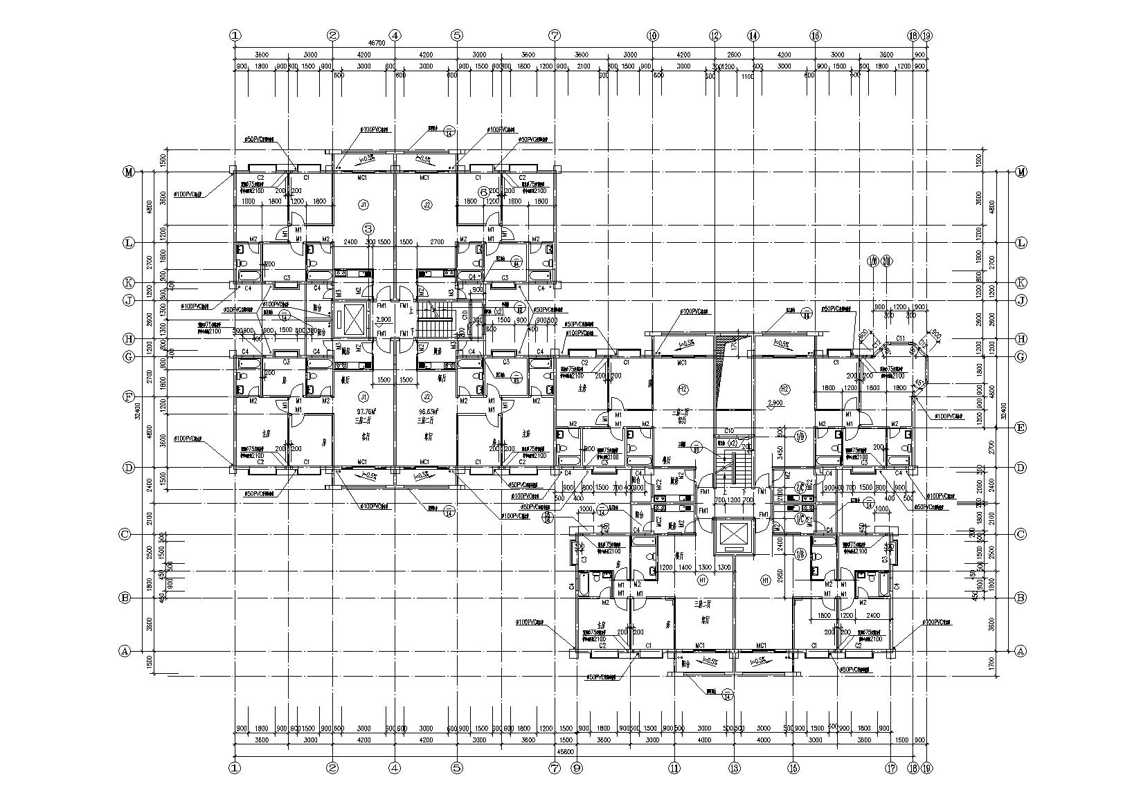 小高层一梯四户住宅楼建筑施工图及大样图cad施工图下载【ID:165136165】