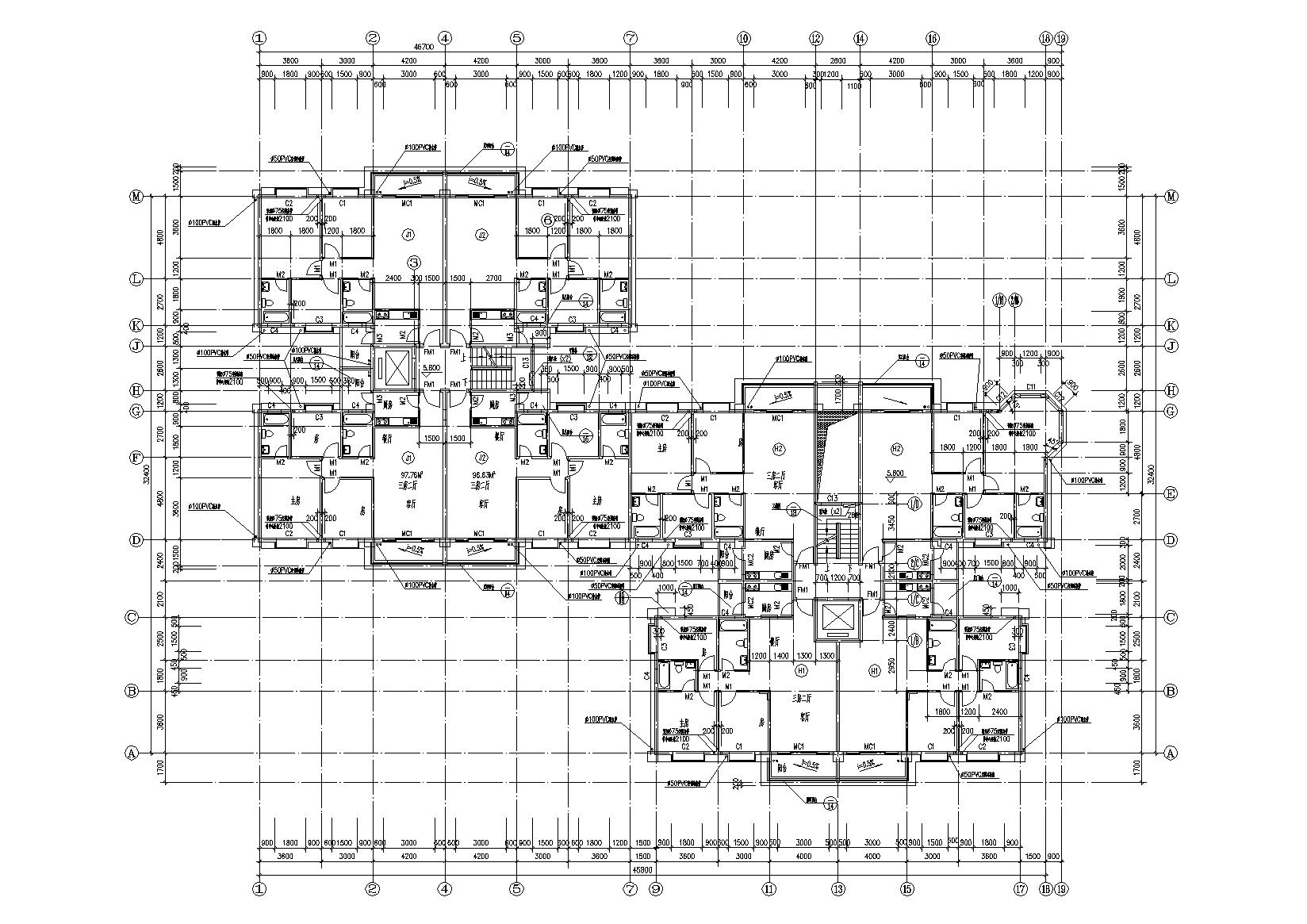 小高层一梯四户住宅楼建筑施工图及大样图cad施工图下载【ID:165136165】