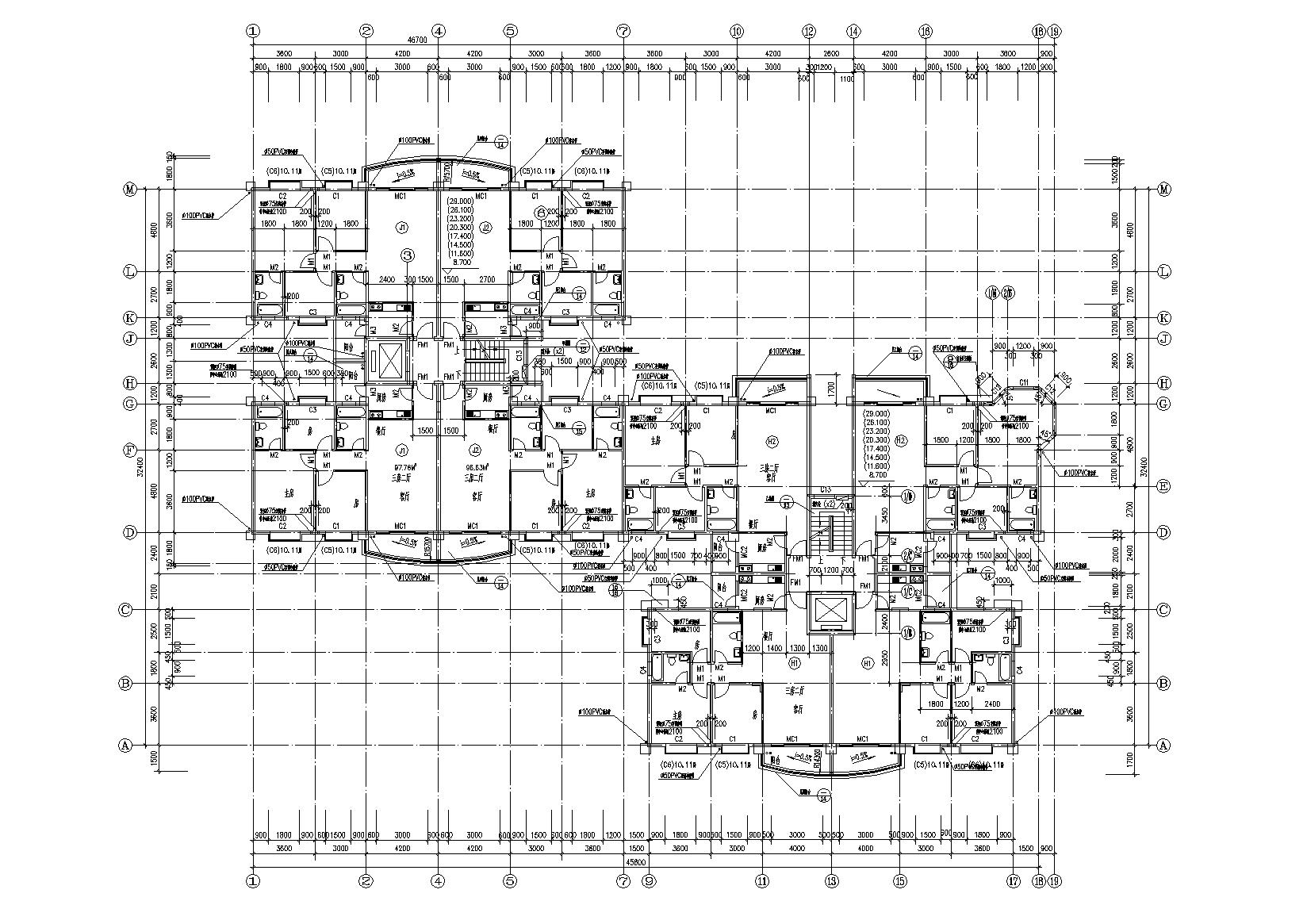 小高层一梯四户住宅楼建筑施工图及大样图cad施工图下载【ID:165136165】