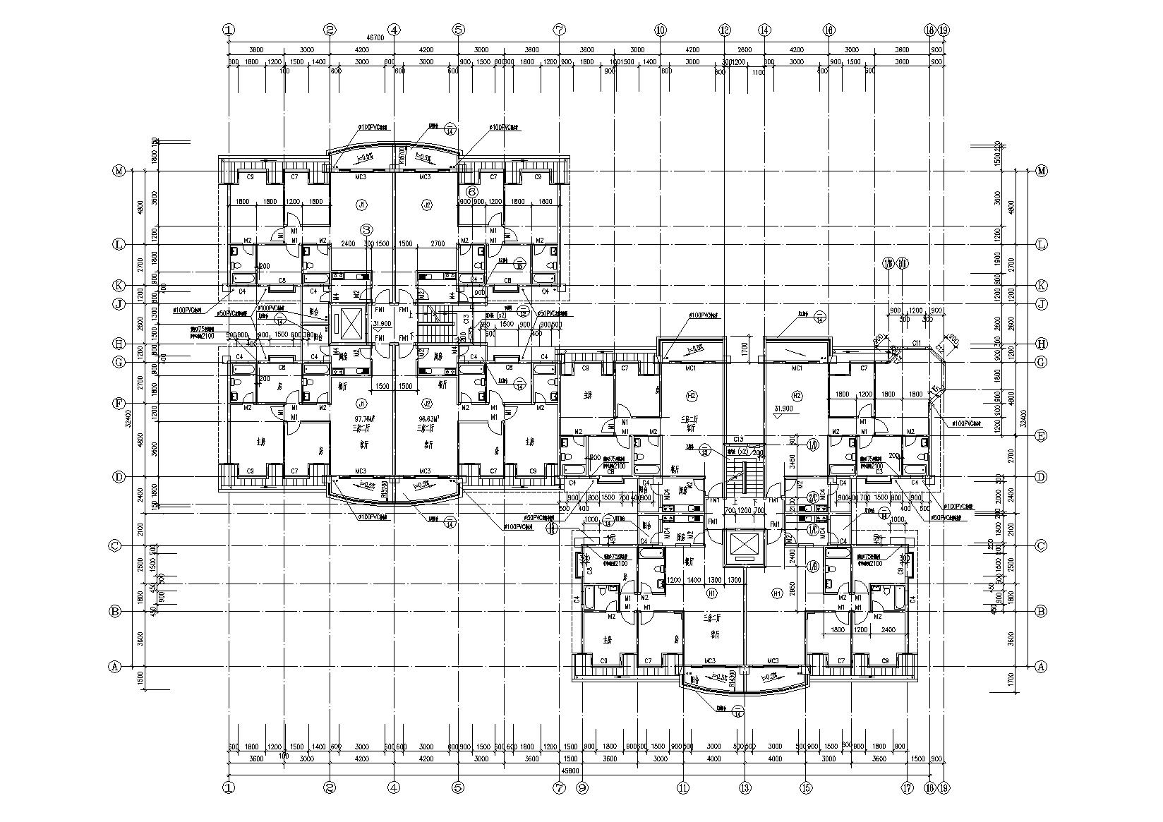 小高层一梯四户住宅楼建筑施工图及大样图cad施工图下载【ID:165136165】