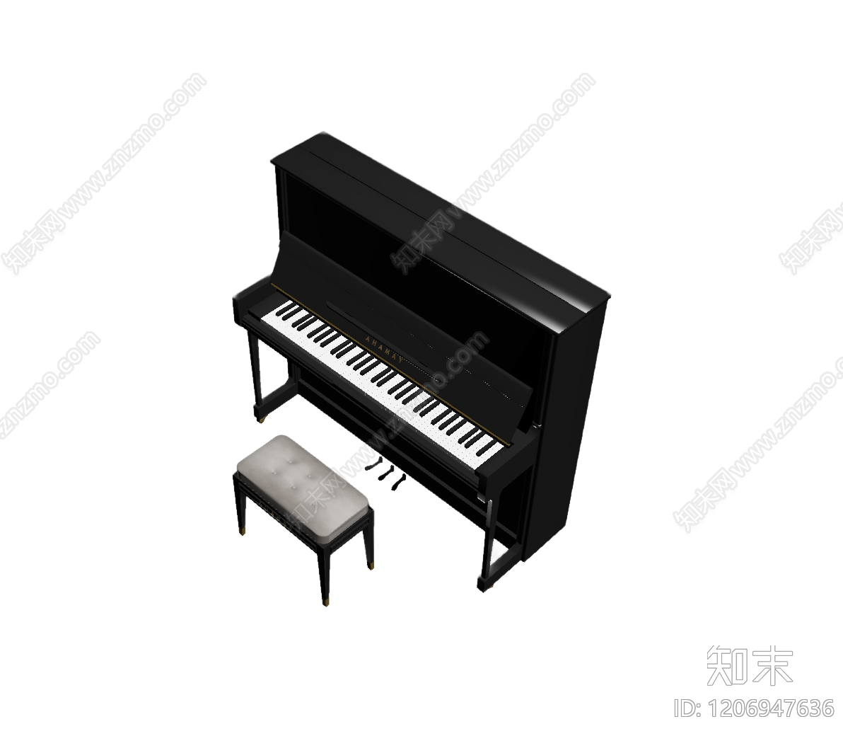 立式钢琴与琴凳组合3D模型下载【ID:1206947636】