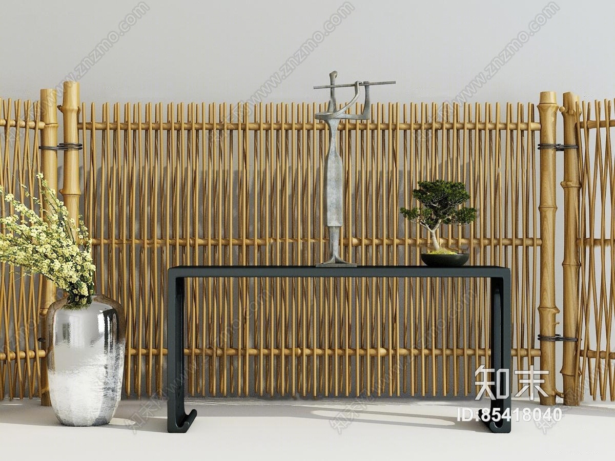 新中式端景台竹子屏风花瓶组合3D模型下载【ID:85418040】