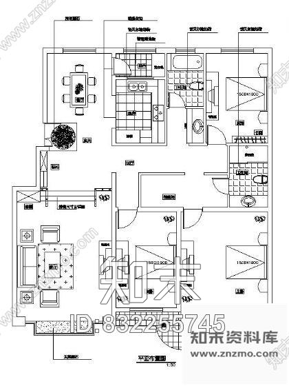 图块/节点三室两厅平面设计图cad施工图下载【ID:832255745】