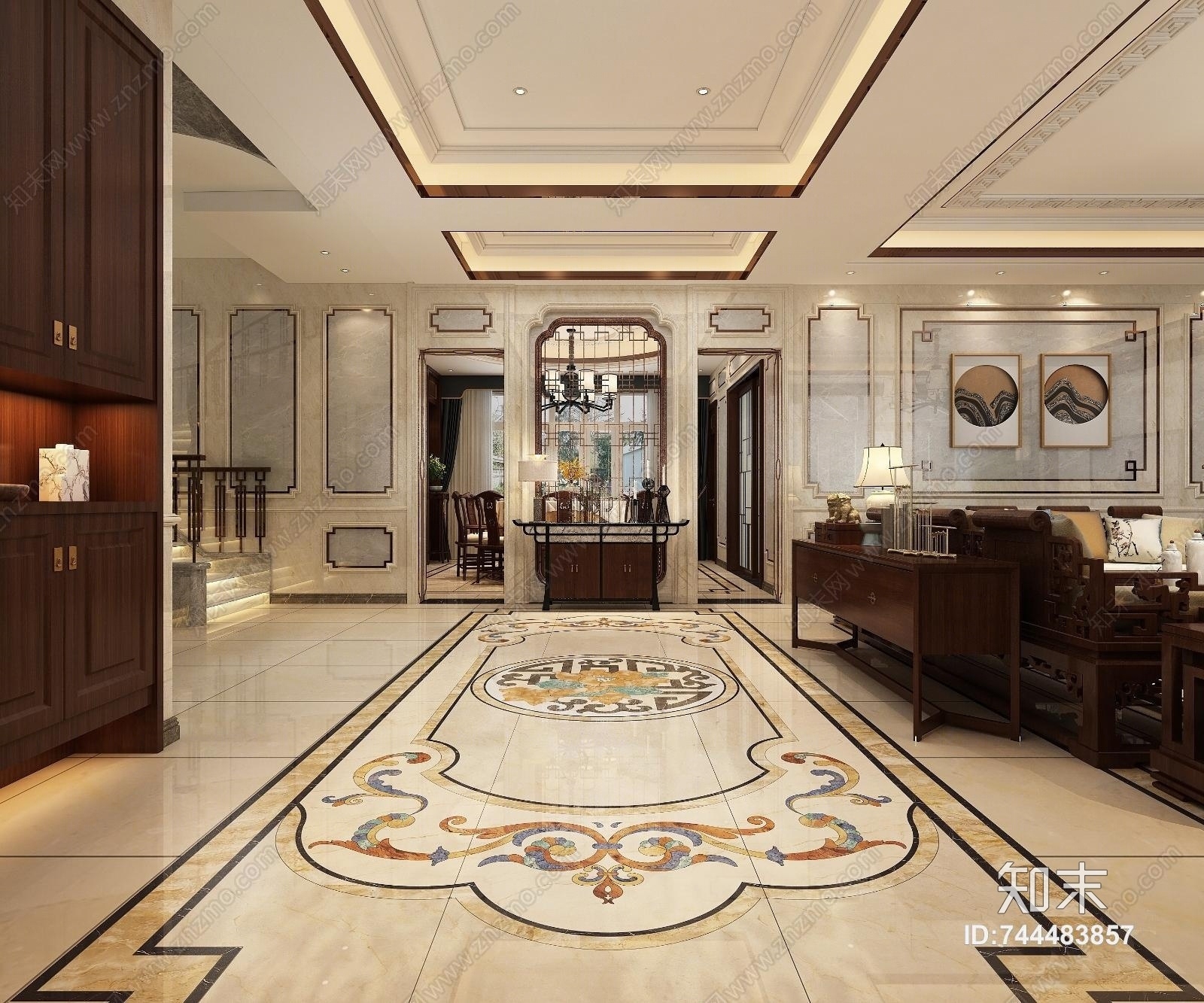 中式别墅奢华客餐厅3D模型下载【ID:744483857】