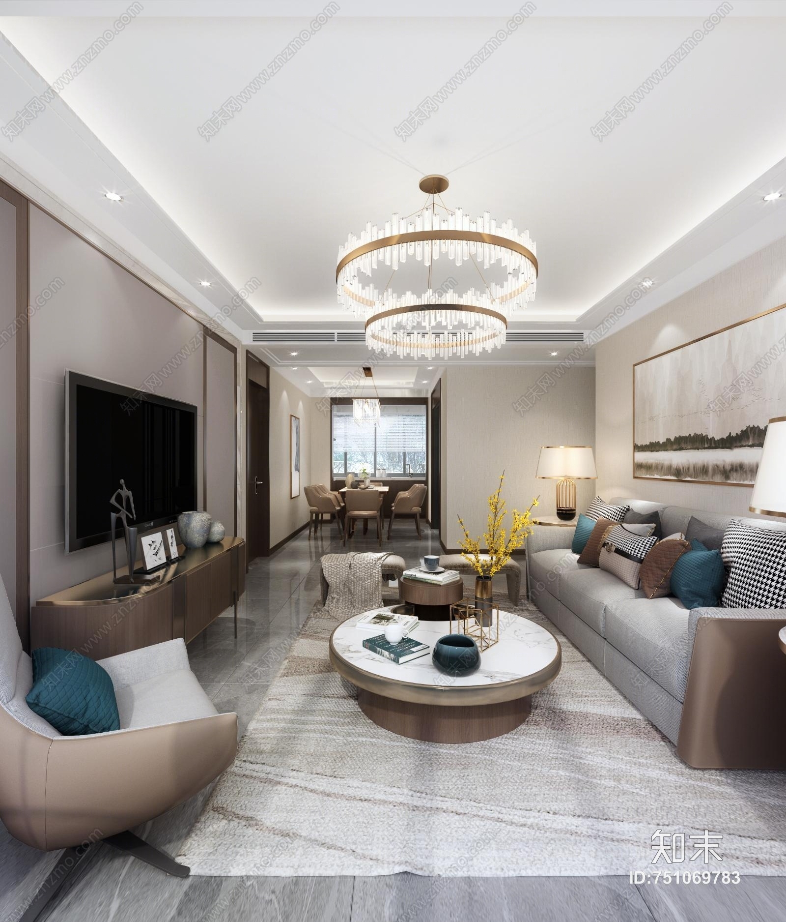 现代水晶灯客餐厅3D模型下载【ID:751069783】