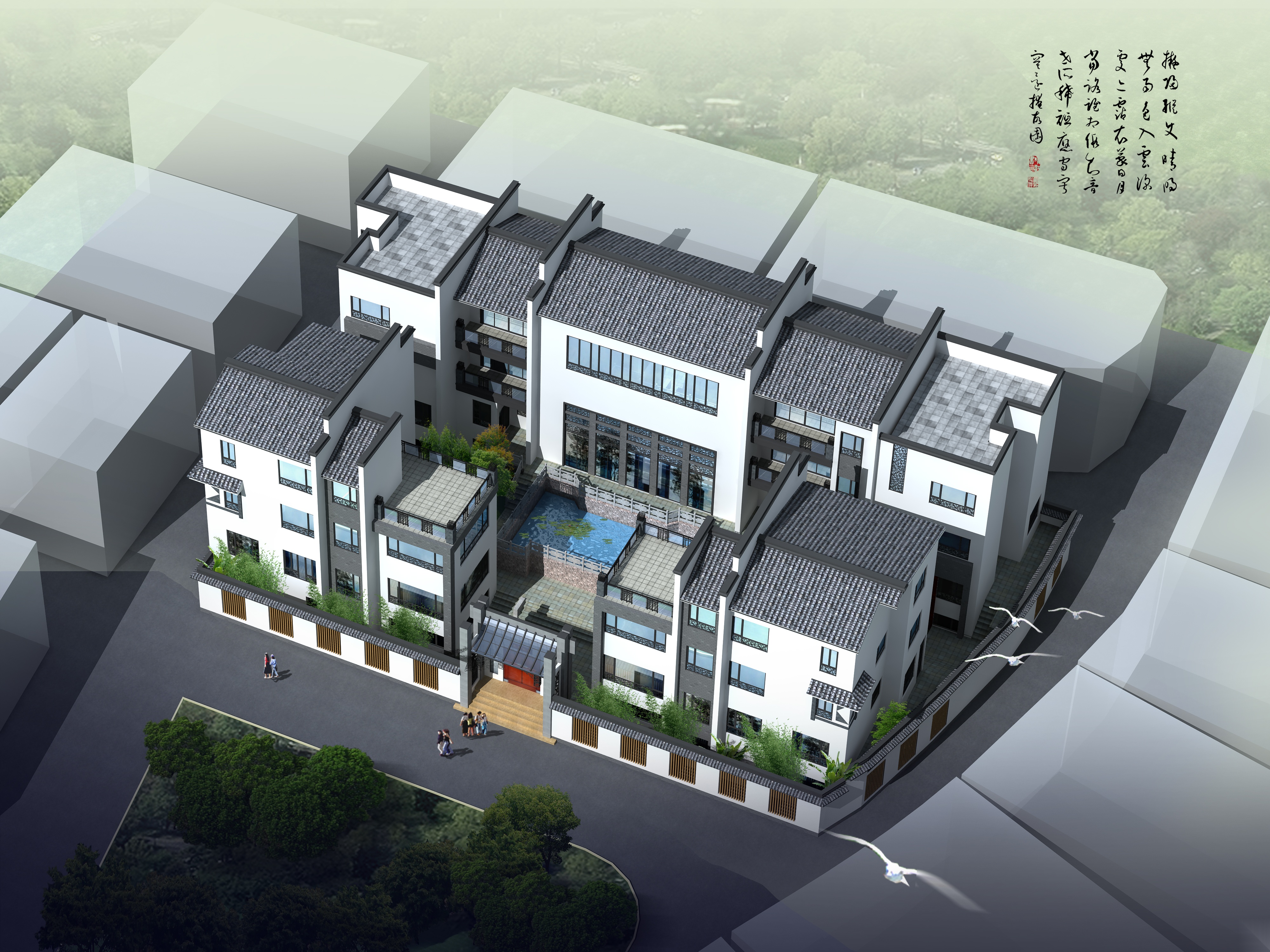 中式风格四合院住宅建筑方案设计施工图(cad 效果图)施工图下载【id