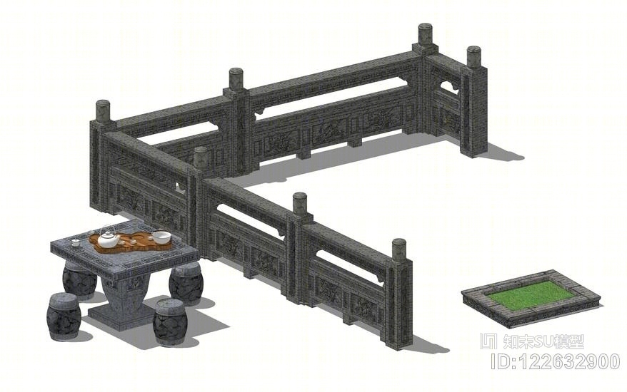 中式雕花栏杆树池石桌组合SU模型下载【ID:122632900】